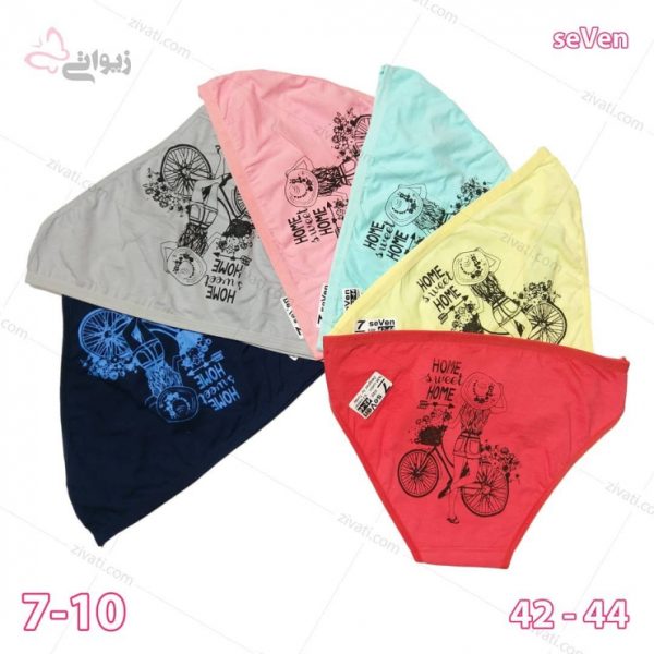 بسته جین شورت زنانه اسلیپ نخی با کیفیت سون seVen طرح دختر و دوچرخه Home sweet home در شش رنگبندی - تصویر 1