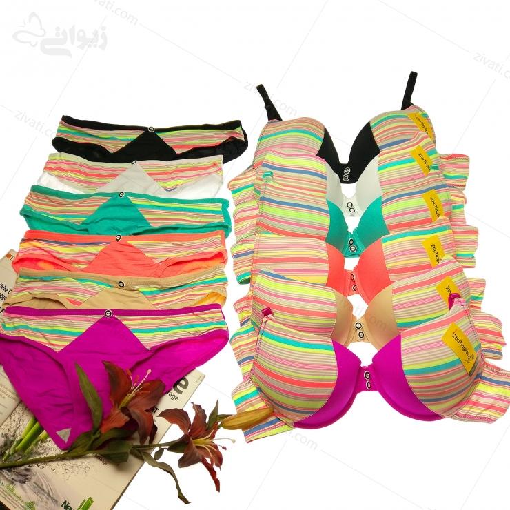set-chini-601-multicolor ست شورت و سوتین اسنفجی چند رنگ فسفری راه راه جذاب