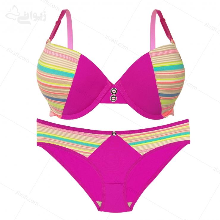set-chini-601-purple-front ست شورت و سوتین اسنفجی چند رنگ فسفری راه راه جذاب