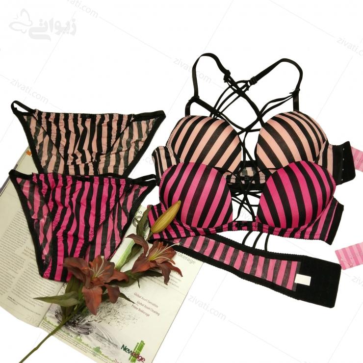 set-chini-q54-2-multicolor ست شورت و سوتین فانتزی بندی سگک از بغل راه راه رنگبندی