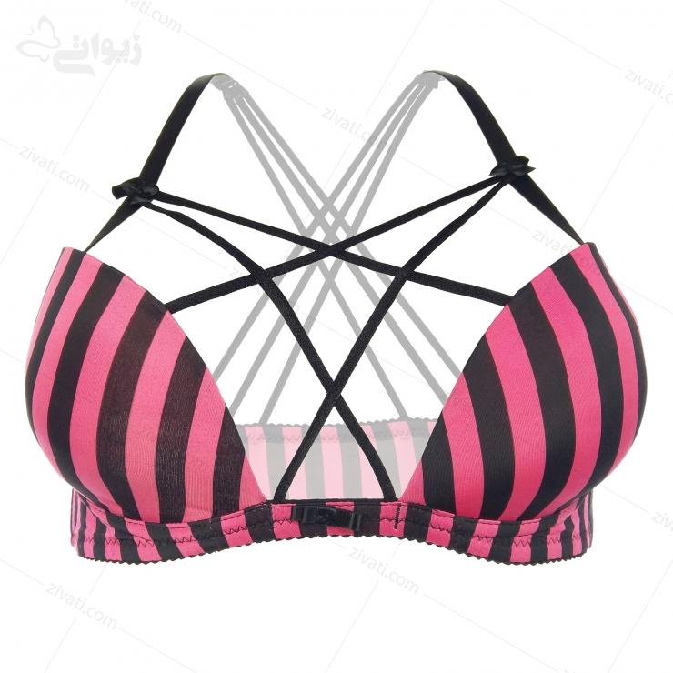 set-chini-q54-2-pink-bra-front ست شورت و سوتین فانتزی بندی سگک از بغل راه راه رنگبندی
