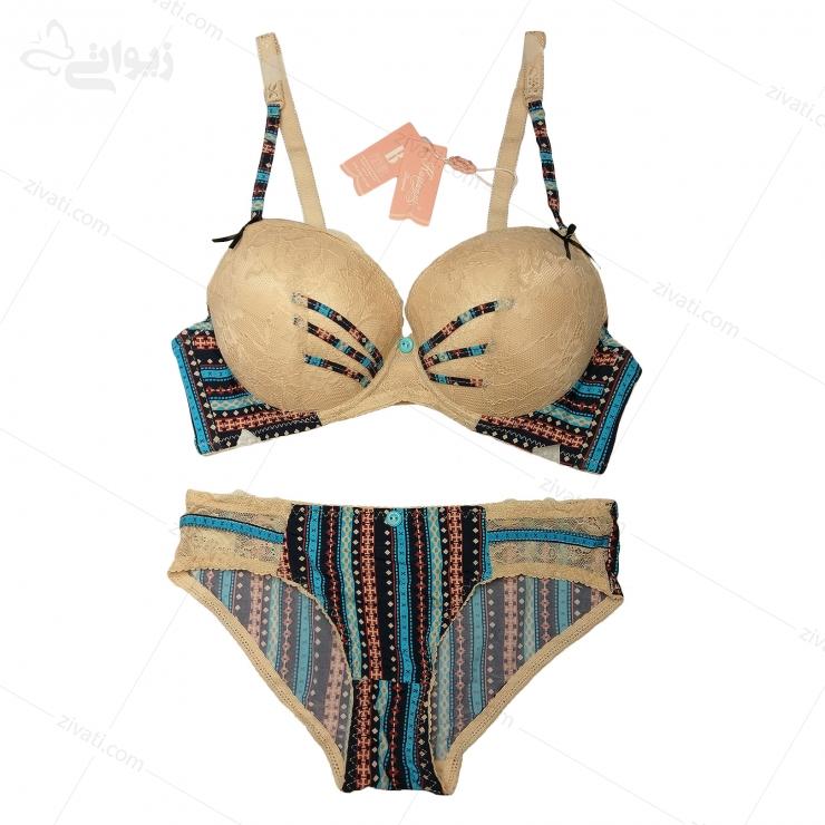 set-kailanni-k21007-blue-front ست شورت و سوتین اسفنجی فنردار زمینه کرم کایلانی رنگ آبی راه راه