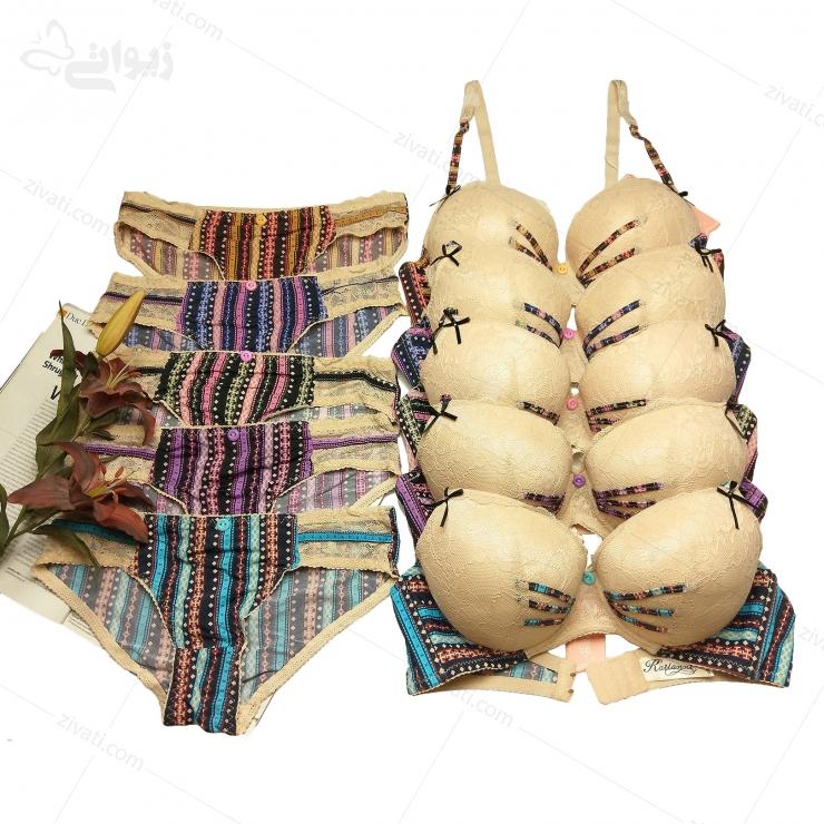 set-kailanni-k21007-multicolor ست شورت و سوتین اسفنجی فنردار زمینه کرم کایلانی رنگ آبی راه راه