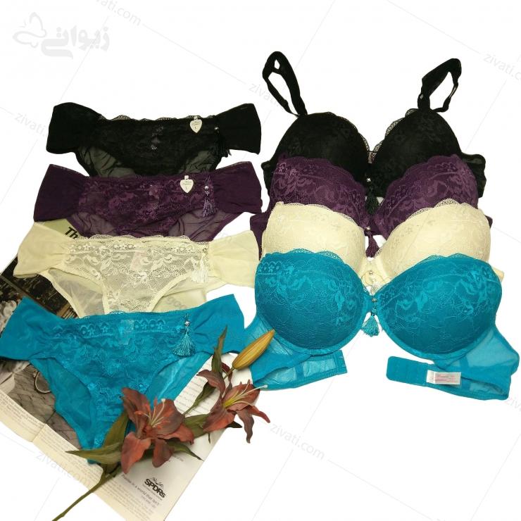 set-wt-wt01-multicolor ست شورت توری و سوتین اسفنجی فنردار فانتزی منگوله دار در چهاررنگ